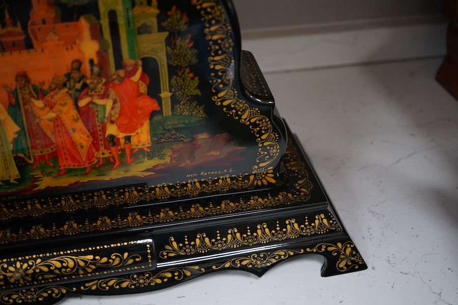 A Becha Russian hand painted black lacquer large mantel clock, 36cm high x 44cm wide